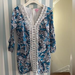 Lilly Pulitzer Blue and White Dress with Lace Detail